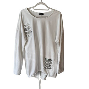 Bella Amore White Long Sleeve Pullover with Silver Sequins One Size Distressed